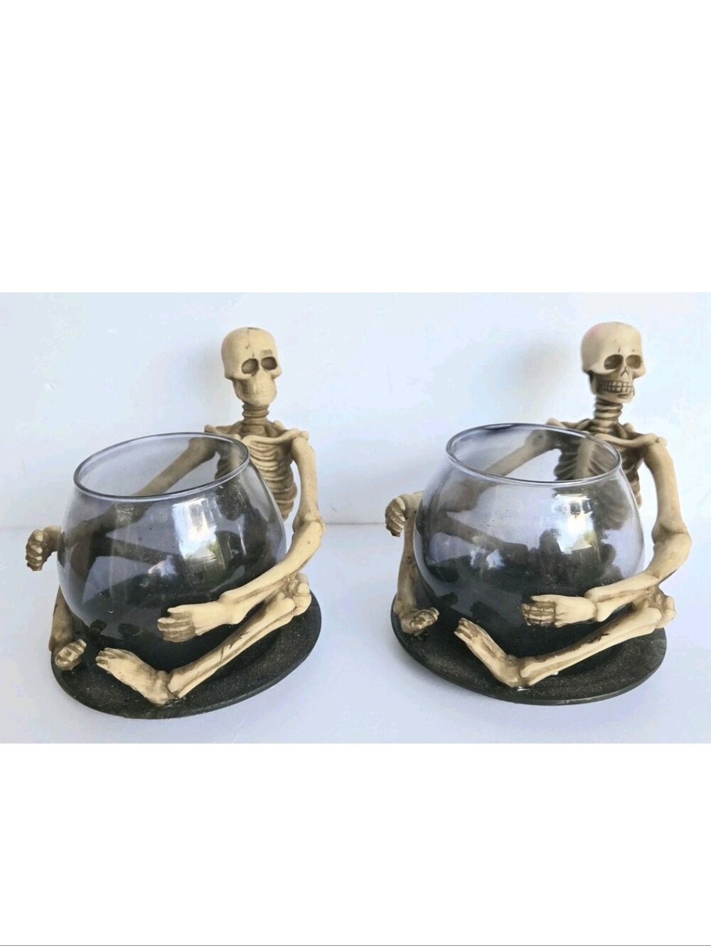 PAIR OF SITTING SKELETON CANDLE HOLDERS HALLOWEEN GOTHIC DECOR